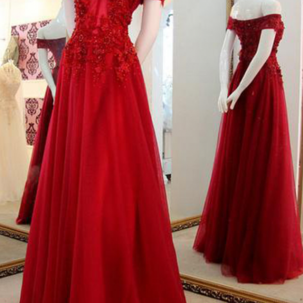 Dark Red Lace Off the Shoulder Prom Dress LBQ0986