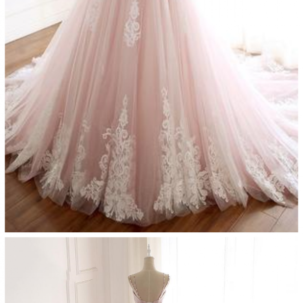 Ball Gown Pink Tulle Lace Up Appliques Prom Dress LBQ0452