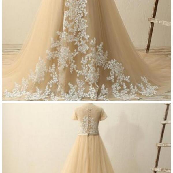 A-line Crew Short Sleeveless Appliques Prom Dresses