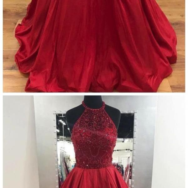 Popular Red Rhinestone Beaded A-line Long Evening Prom Dresses, 17564