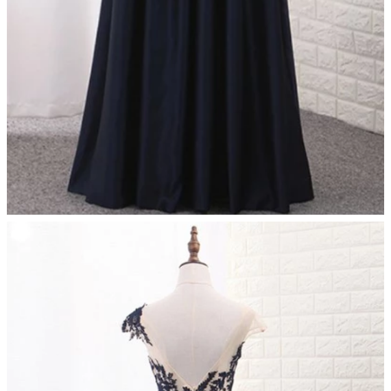 A Line Scoop Appliques Blue Satin Prom Dress LBQ2888 main image 1