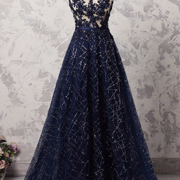 14028 Navy Blue Sequins Tassel Evening Dress
