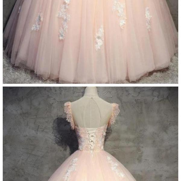 Pink Tulle Lace Long Prom Dress, Pink Evening Dress