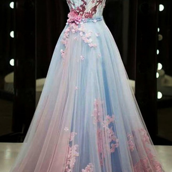 pink and blue tulle dress Strapless Floral Wedding Dress Blue & Pink Bicolor Tulle Wedding Gown   SELINADRESS