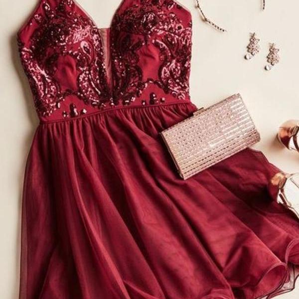 Burgundy Spaghetti Strap V Neck Sequins Homecoming Dresses main image 1