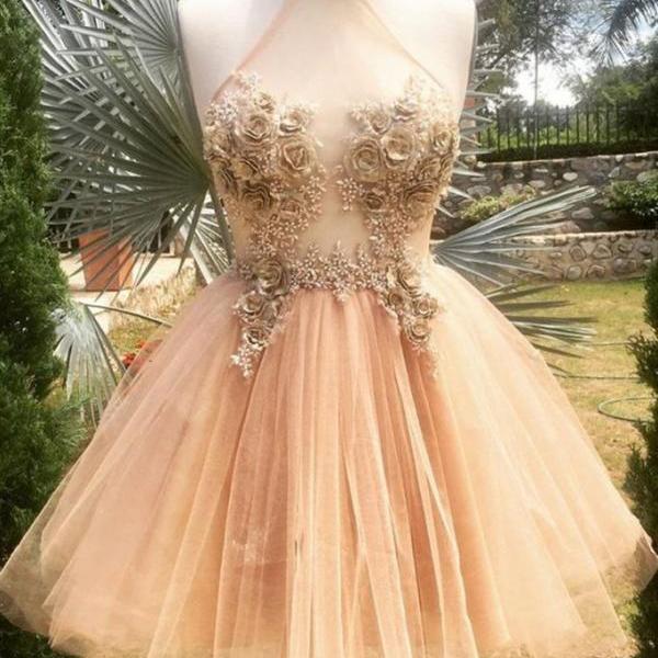Halter Neck Backless Champagne 3d Floral Short Prom Dress, Backless Champagne Formal Graduation Homecoming Dress Halter Neck Backless Champagne 3d Floral Short Prom Dress, Backless Champagne Formal Graduation Homecoming Dress