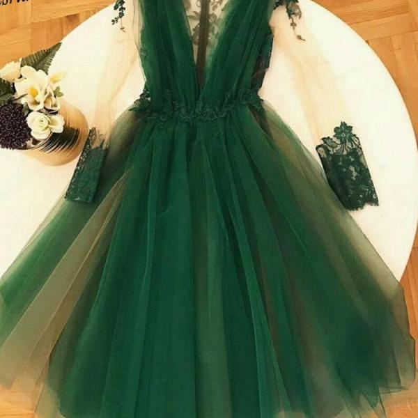 Illusion Neckline Lace and Tulle Long Dress Green