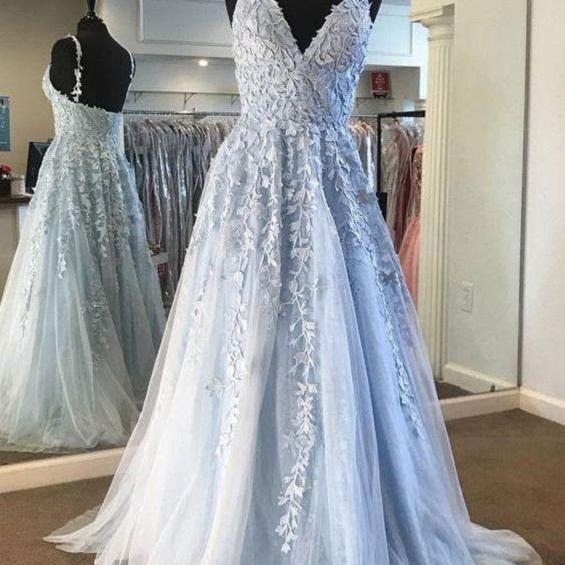 Light Blue Prom Dresses Fairy,Long Blue Tulle Floral Appliques Formal Dresses