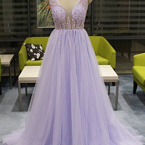 Lavender Tulle V Neck Long Beaded Open Back Evening Dress