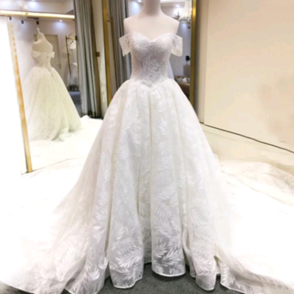 Off-the-Shoulder Leaf Appliqués Ball Gown Wedding Dress Featuring Lace-Up Back and Long Train