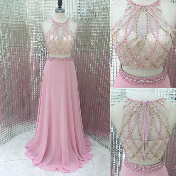 A-Line/Elegant High Neck Sleeveless Satin Beading Two Piece Prom Dresses main image 1