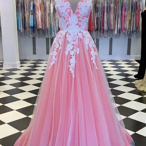 prom Dresses,A Line V Neck Long Prom Dress with Lace Appliques, V Neck Formal Dress, Evening Dress 