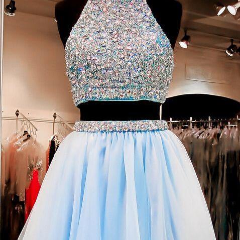 Custom Made Two-piece Crystal Beading Embroidered Tulle Evening Dress, Homecoming Dresses