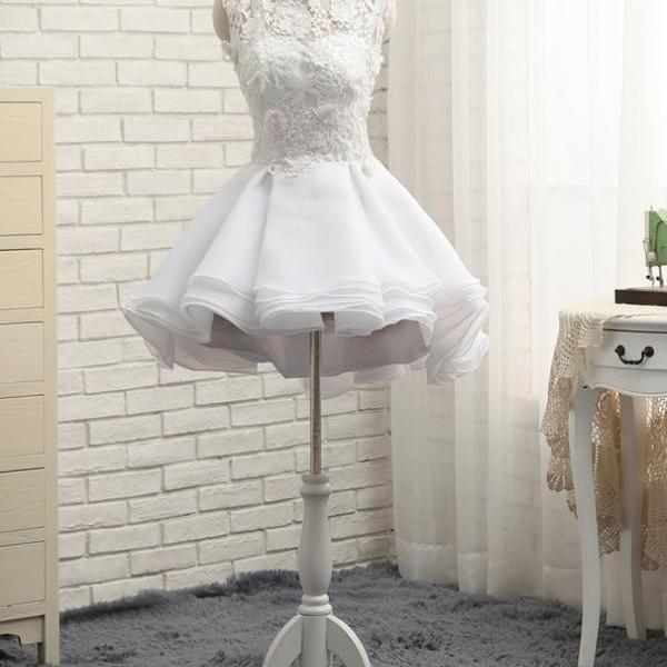 Cute Short Mini Organza Wedding Dresses,Beautiful A-line Sleeveless Appliques Lace Wedding Evening Dresses
