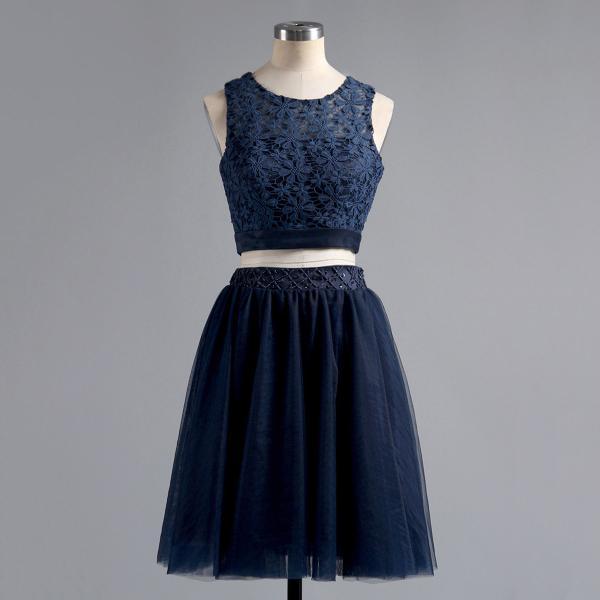 Dark Navy Two Piece Homecoming Dresses, A-line Scoop Neck Lace Homecoming Dress, Tulle Crop Top Homecoming Dresses with Beaded Belt