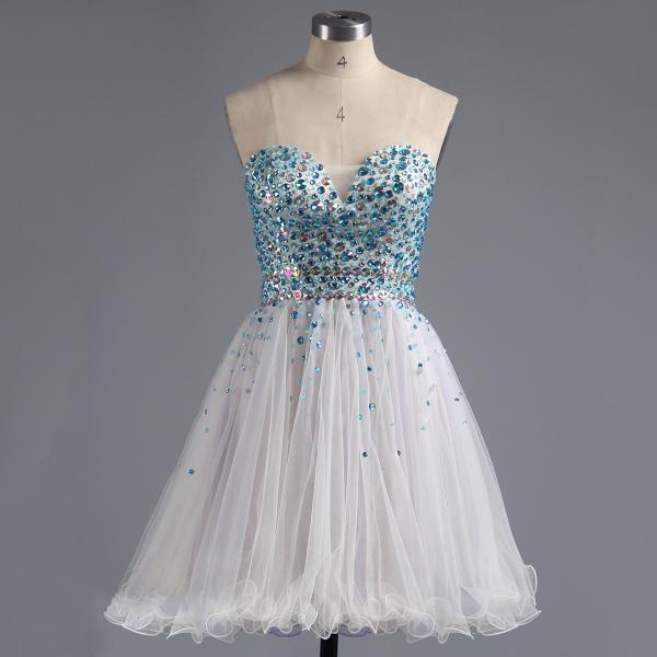 Sweetheart Tulle Homecoming Dress, Princess White Homecoming Dresses with Blue Beads, Sparkling Mini Homecoming Dresses with Crystal Belt