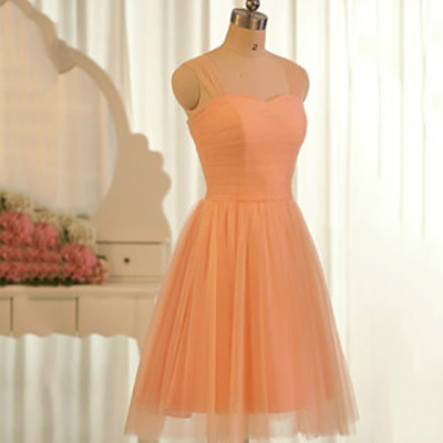 Orange Bridesmaid Dresses, Sweetheart Short Bridesmaid Dresses with Tulle Straps, Popular Knee-length Bridesmaid Dresses with Soft Pleats