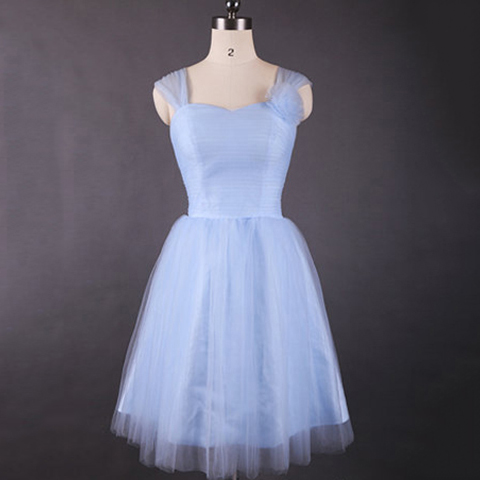 Vintage Light Sky Blue Bridesmaid Dresses, Sweetheart Bridesmaid Dress with Tulle Straps and Flowers, Retro Knee-length Bridesmaid Dresses