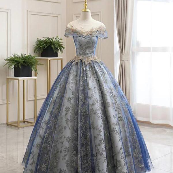 Blue bridal dress, chic ball gown dress, pomp floor-length evening dress
