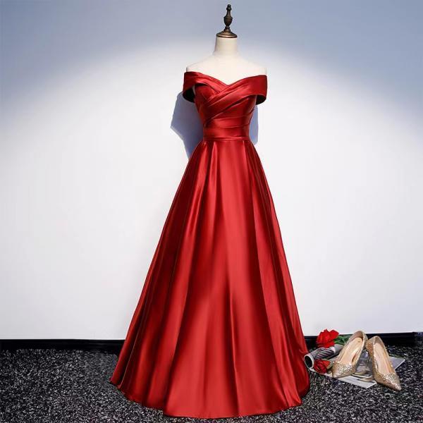 Off shoulder prom dress long red evening dress, sexy satin party dress