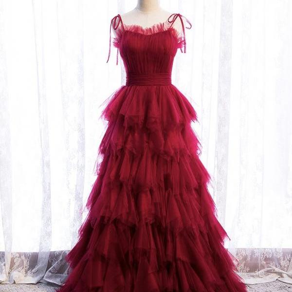 Red Long Dress, Fairy Spaghetti Strap Dress, Cake Layer Dresse