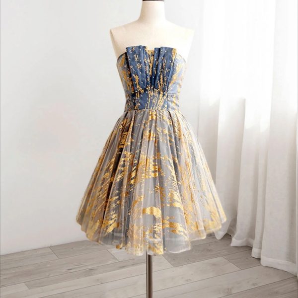A-Line GoldBlue Lace Short Prom Dress, Cute Homecoming Dress with Beading