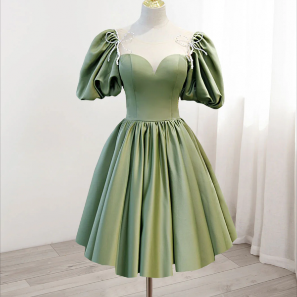 A-Line Green Puffy Sleeve Satin Short Prom Dress, Green Short Formal Dress