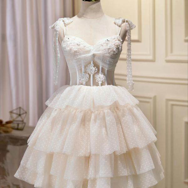 Champagne MiniShort Prom Dress, Puffy Cute Homecoming Dress With Lace
