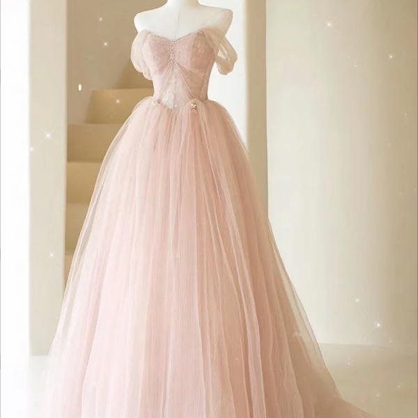 Prom dresses, A-Line Sweetheart Neck Tulle Lace Long Pink Prom Dress, Pink Party Dress with Beads
