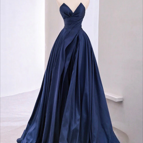 Prom dresses, A-Line V Neck Satin Dark Blue Long Prom Dress, Blue Long Formal Dress
