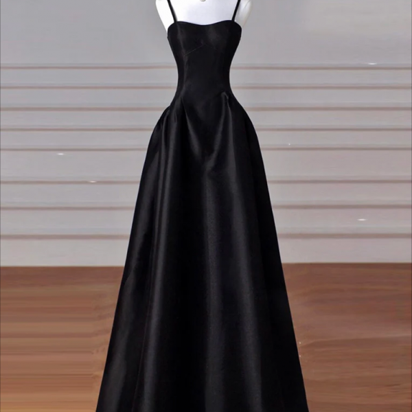 Prom dresses, A-Line Satin Black Long Prom Dress, Black Long Evening Dress