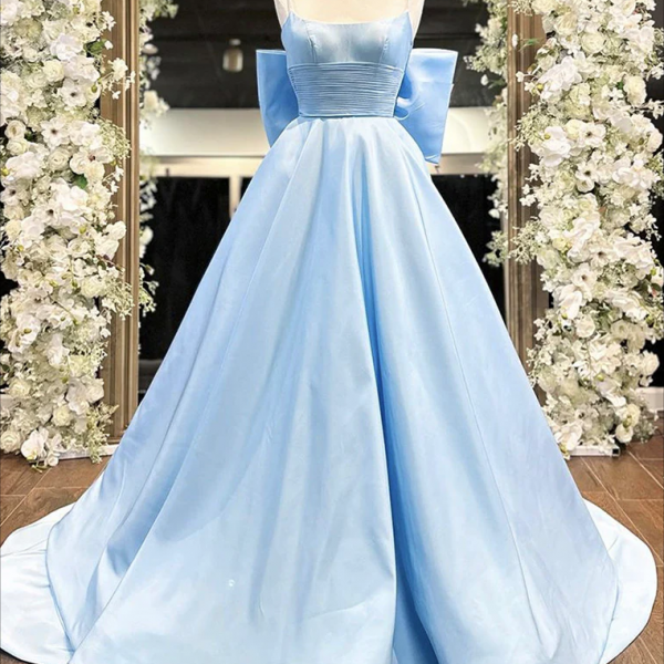 Prom dresses, A-Line Satin Blue Long Prom Dress, Blue Long Graduation Dress