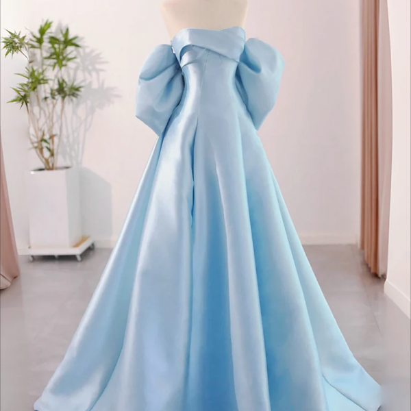 Prom dresses, A-Line Sweetheart Neck Satin Blue Long Prom Dress, Blue Long Formal Dress