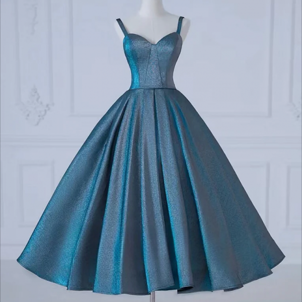 Prom dresses, A-Line Sweetheart Neck Satin Tea Length Blue Prom Dress, Blue Formal Dress