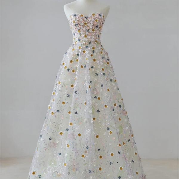 Prom dresses, A-line Sweetheart Neck Tulle Lace Flower Beige Long Prom Dress, Beige Long Formal Dress