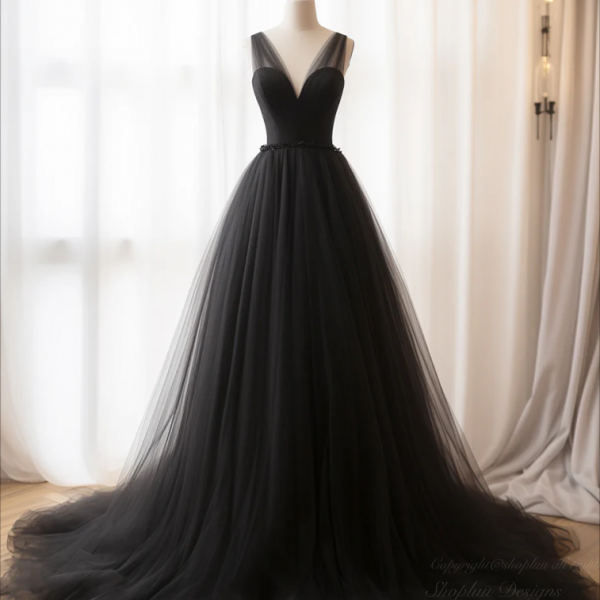 Prom dresses, A- Line V Neck Tulle Black Long Prom Dress, Black Tulle Formal Dress