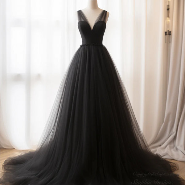 Black V-Neck Tulle Layers Long Formal Dress, A-Line Black Party Dress main image 1