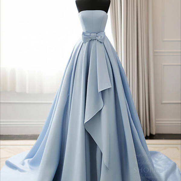 Prom dresses, A-Line Blue Satin Long Prom Dress, Simple Satin Long Formal Dress
