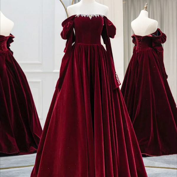 Prom dresses, A-Line Long Sleeves Velvet Burgundy Long Prom Dress, Burgundy Long Evening Dress with