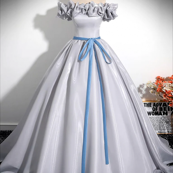 Prom dresses, A-Line Off Shoulder Gray Satin Long Prom Dress, Gray Long Formal Dress