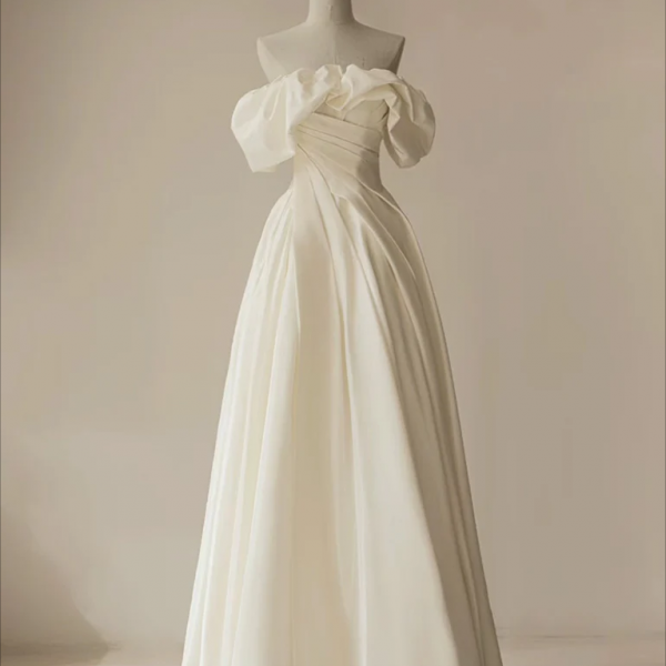 Prom dresses, A-Line Off Shoulder Ivory Satin Long Prom Dress, ivory Long Formal Dress