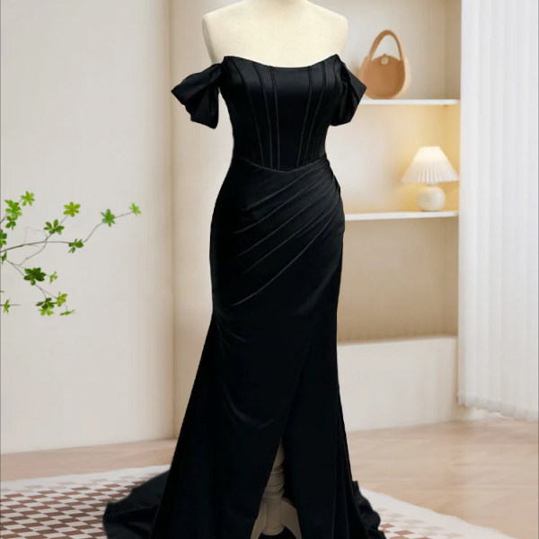 Prom dresses, Black Off Shoulder Satin Mermaid Long Prom Dress, Black Long Evening Dress