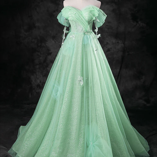 Prom dresses, Green A-Line Off Shoulder Tulle Long Prom Dress, Green Long Formal Dress