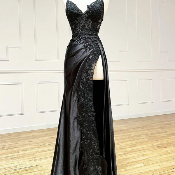 Prom dresses, Black V Neck Satin Lace Long Prom Dress, Black Lace Long Evening Dress