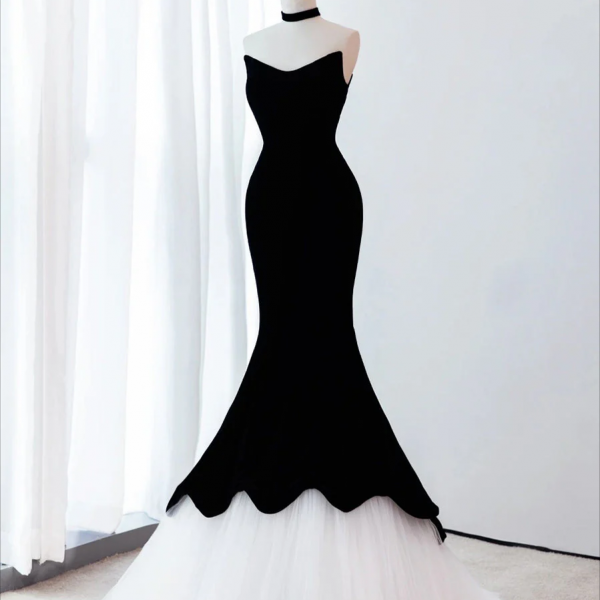 BlackWhite Velvet Mermaid Long Prom Dress, Black Formal Evening Dress