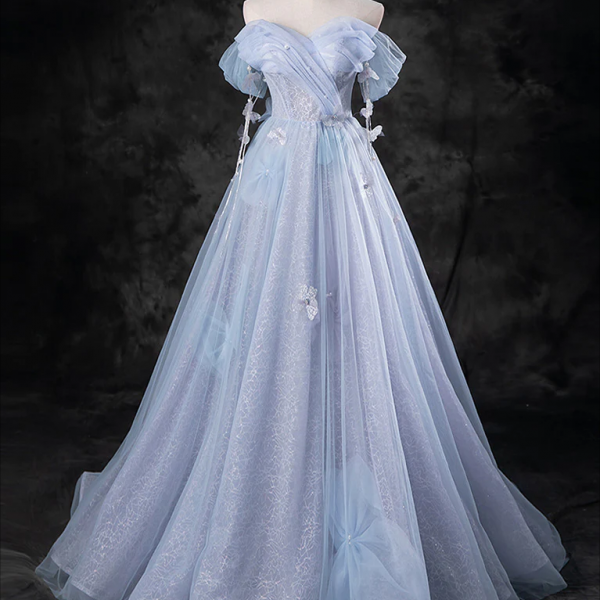 Prom dresses, Blue A-Line Off Shoulder Tulle Long Prom Dress, Blue Formal Dress