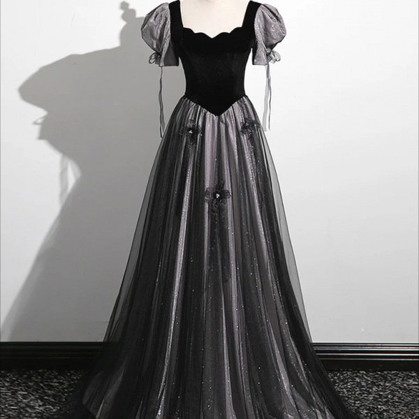 Prom dresses, A-Line Puff Sleeves Black Long Prom Dress, Black Sweet Dress