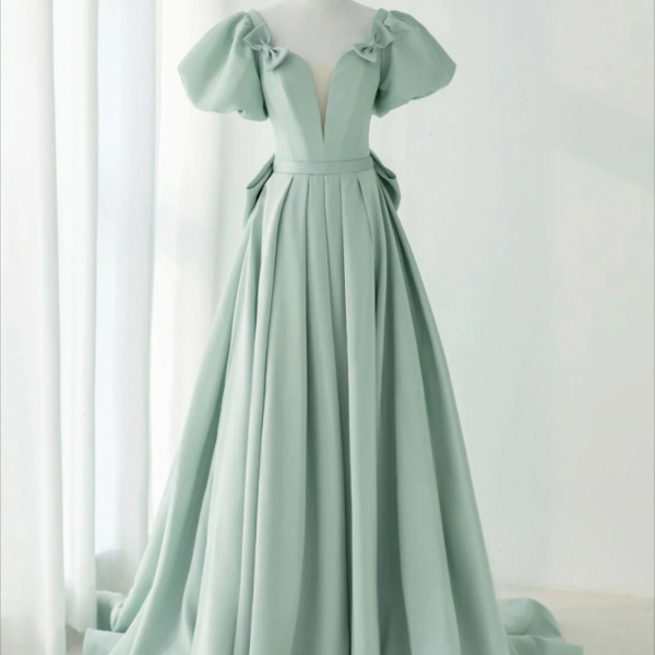 Prom dresses, A-Line Puff Sleeves Green Long Prom Dress, Green Formal Dress