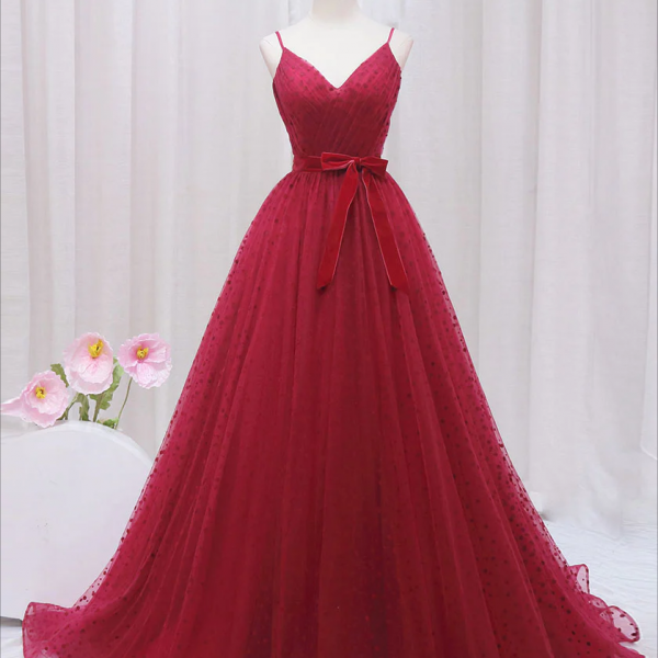 Prom dresses, A-Line V Neck Tulle Burgundy Long Prom Dress, Burgundy Formal Dresses