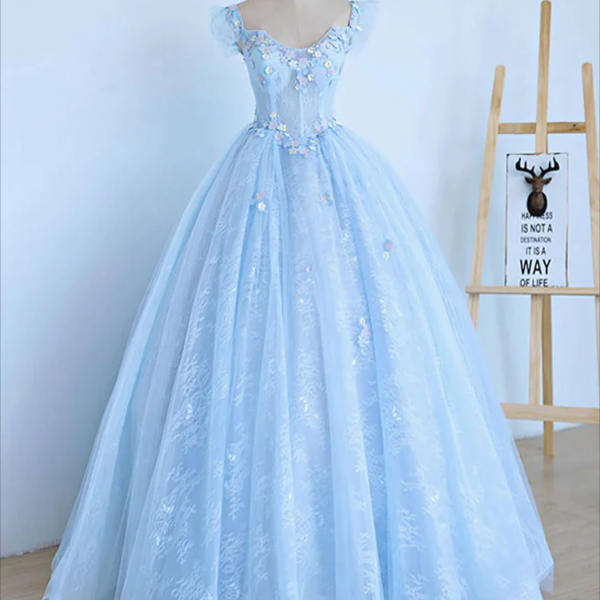 Prom dresses, Blue A-Line Tulle Lace Long Prom Dresses, Blue Lace Formal Evening Dresses
